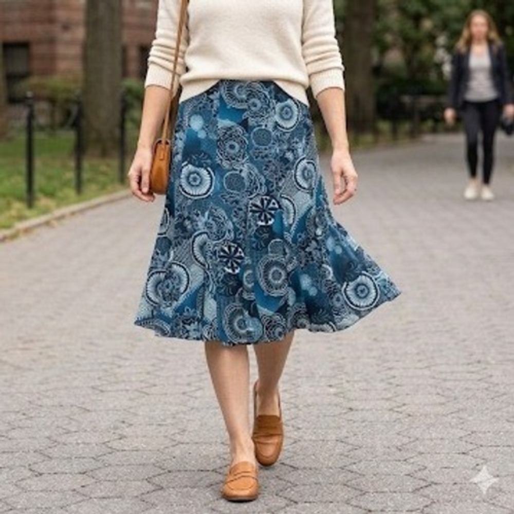 Nine West‎ Size 10 Blue White Patterned A-Line Chiffon Midi Skirt Lined Romantic